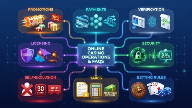 Online Casino FAQs: Promotions, Payments, Verification, Licensing, Security, Self-Exclusion, Taxes and Betting Rules